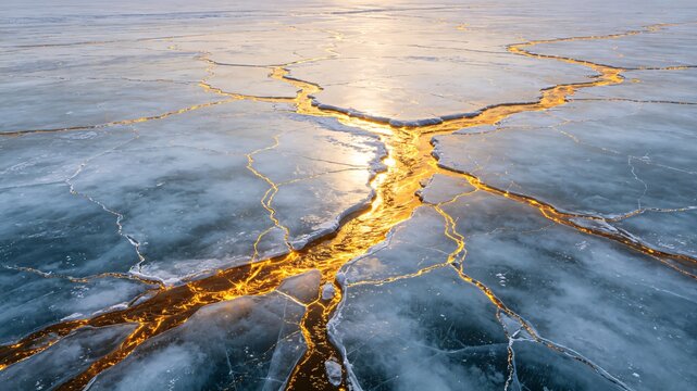Cracked ice glowing with golden sunset light