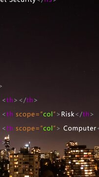 Animation of data processing and numbers over cityscape