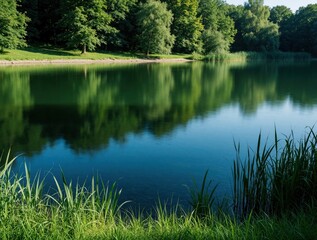 Naklejka premium Calm lake water reflects green trees in summer park. Grass, reeds grow on shore near peaceful pond. Sunny day landscape with blue sky, clear reflections. Beautiful nature scenery for outdoor travel
