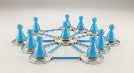 Obraz premium 3D blue pawn chess pieces connected by golden network lines symbolizing teamwork and strategy