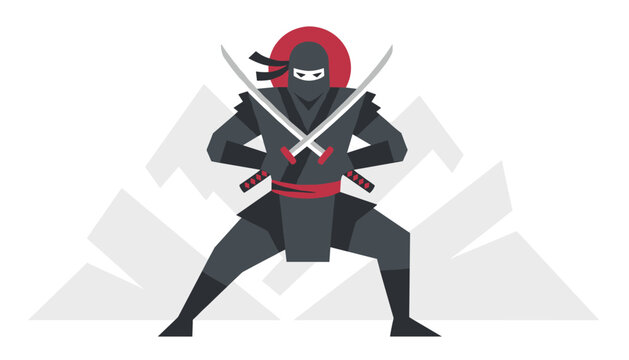 Japanese ninja warrior holding crossed samurai swords in a powerful stance against abstract mountains and red sun.