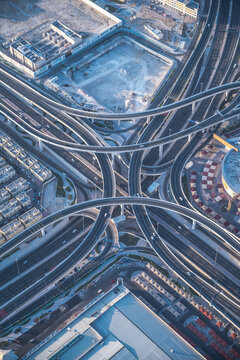 Aerial view of a complex urban highway interchange
