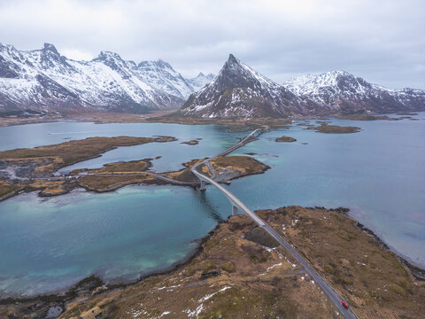 Aerial view of a bridge connecting islands in Lofoten Norway
