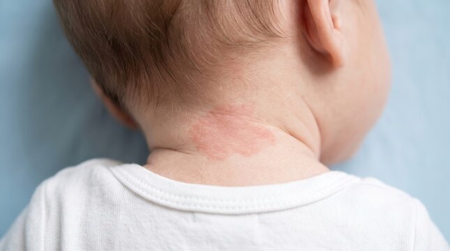Rear view closeup of infant baby neck showing pink salmon patch stork bite birthmark