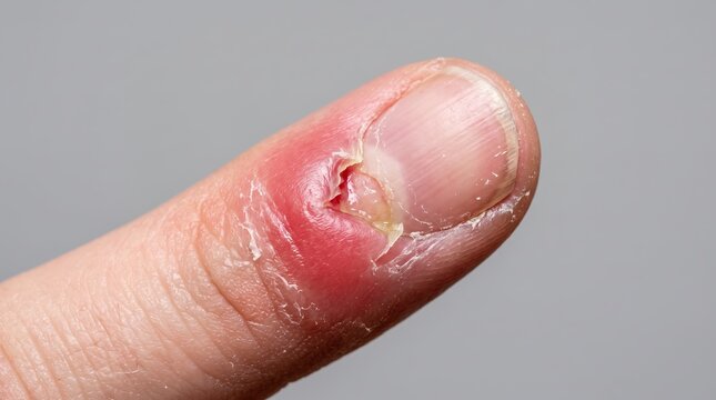 Extreme macro close up of painful paronychia nail fold infection with pus on finger