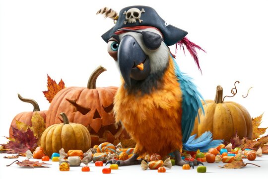 Colorful Pirate Parrot Celebrating Halloween with Pumpkins and Candy