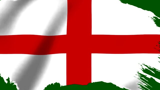 Waving flag of England featuring a red cross on white background with artistic brush stroke edges