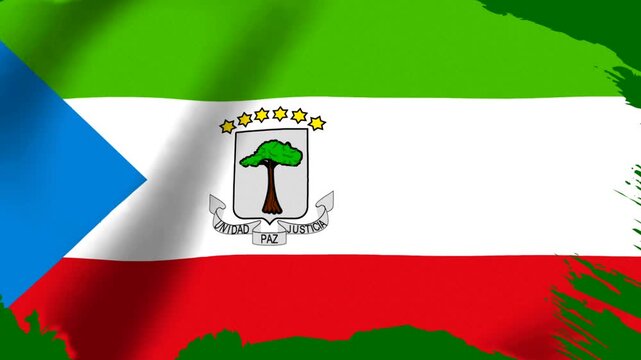 Waving flag of Equatorial Guinea with national coat of arms and colorful paint brush stroke background