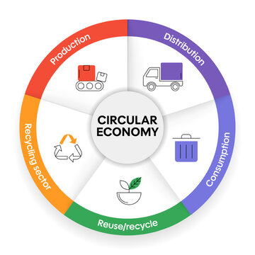 Circular economy diagram infographic banner template with icon vector presentation has production, distribution, consumption, reuse, recycle, recycling sector. Sustainable, economic model. zero waste.