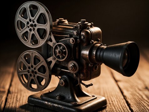 Rusty old cinematic projector with open film reels on wooden surface. Antique motion picture camera needs restoration, history of analog filmmaking, mechanical components exposed. Collectible