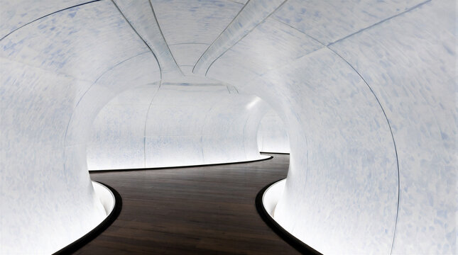 Architectural interior showcasing curved white ceramic walls creating a hyperbolic geometric space with dark wooden flooring