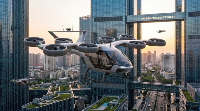 eVTOL flying taxi. Urban air mobility. Future transport.