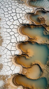 Aerial perspective of arid cracked earth beside mineral-rich geothermal pools. Abstract natural patterns form unique textures from hot spring water, dried ground surface. Earths raw beauty is exposed.