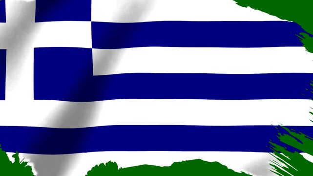 Waving flag of Greece with blue and white stripes and a cross design on a green background