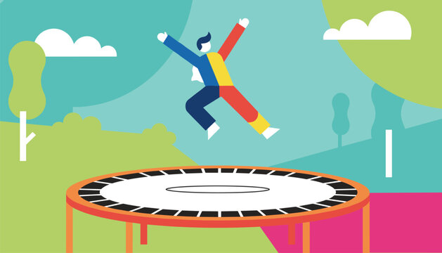 Happy energetic person jumping high in the air on an outdoor trampoline against a park landscape background.