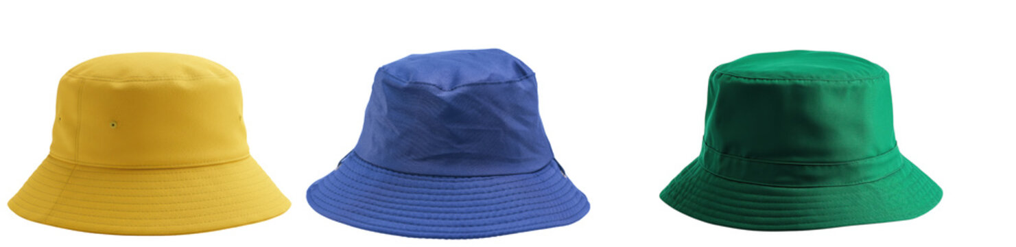 Three bucket hats in yellow, blue, and green, isolated on a white background