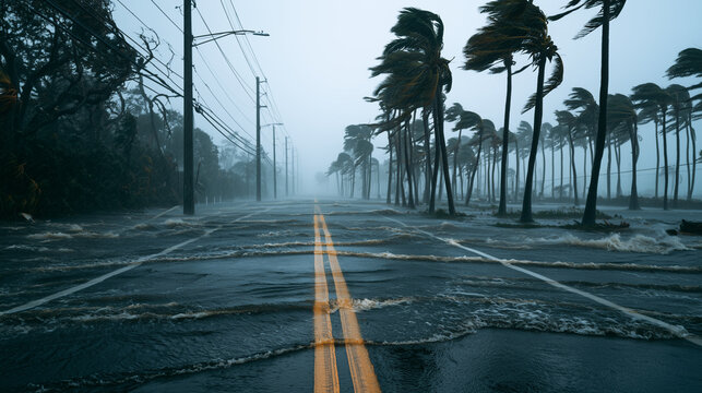 hurricane on a coastal road, strong storm surge water crossing the pavement, tall palm trees bending violently in the wind, utility poles fading into fog and rain