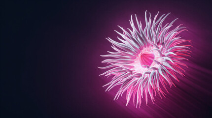 Fototapeta premium Bioluminescent sea anemone tentacle array glowing with vibrant pink light inside a dark gradient 3D space