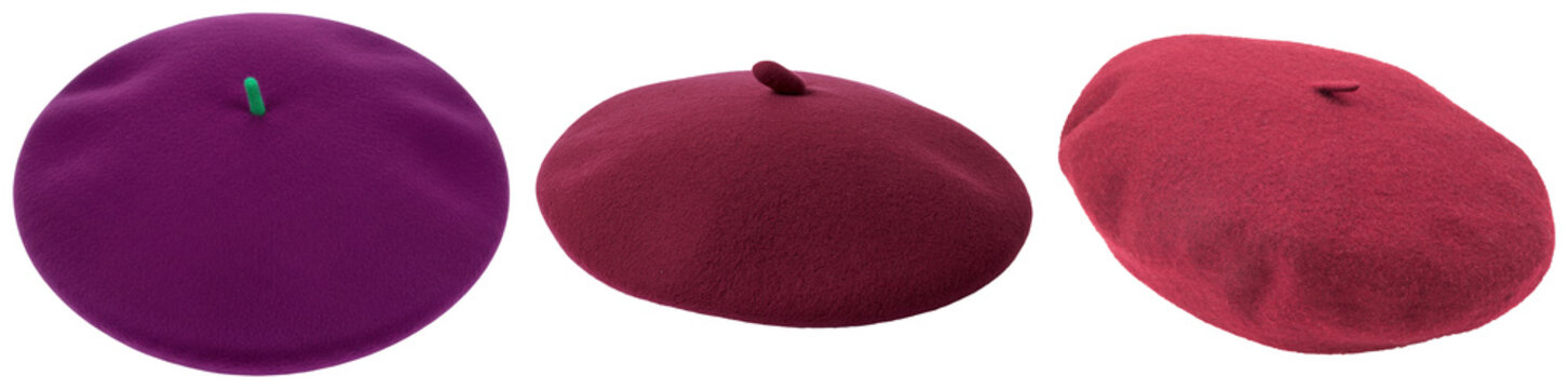 Three berets in different colors: purple, burgundy, and red, isolated on a white background.