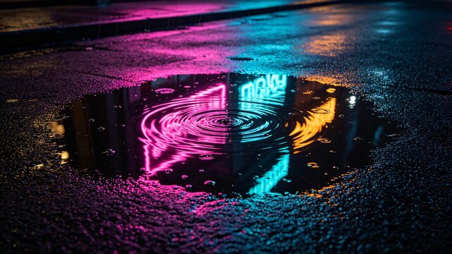 Neon reflections ripple in rain puddle at night