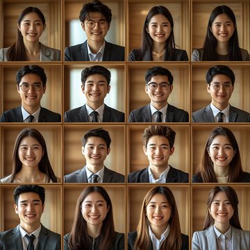 Grid of diverse professional headshots of East Asian business people in formal suits for a corporate team directory gallery