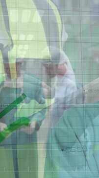Statistical data processing over portrait of african american male surgeon standing at hospital