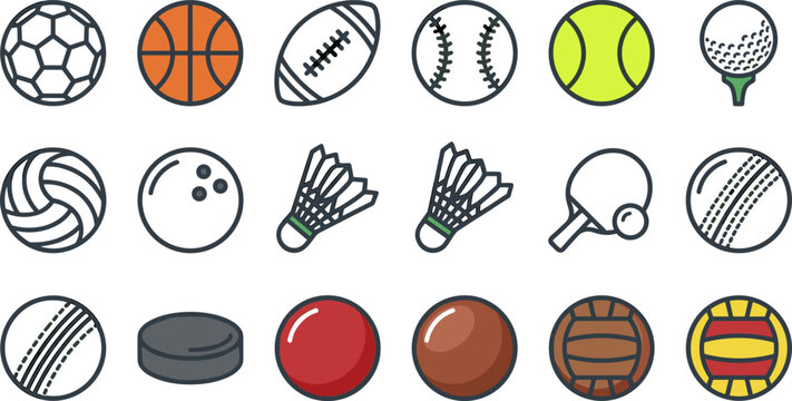 Set of various sports balls and equipment icons including soccer, basketball, football, baseball, tennis, golf, volleyball, bowling, badminton, ping pong, and hockey
