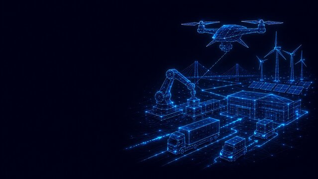 Futuristic digital smart city concept with glowing blue nodes and network connections. future economy technology futuristic connectivity infrastructure communication. future economy
