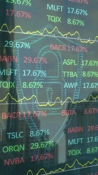 Animation of digital padlock over financial data and cityscape