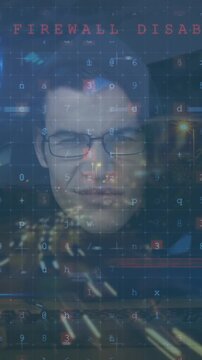 Animation of cyber security over caucasian hacker and night cityscape