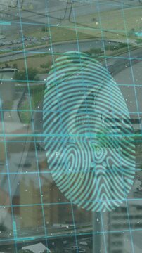 Animation of fingerprint scanning and digital padlocks over cityscape