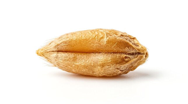 Single wheat grain kernel close up isolated on a white background showing textured husk with cereal grain wheat seed agriculture crop food grain macro wheat raw grain agriculture nutrition