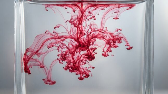 Red ink dissolves and diffuses into clear water within a transparent glass vessel against a bright background.