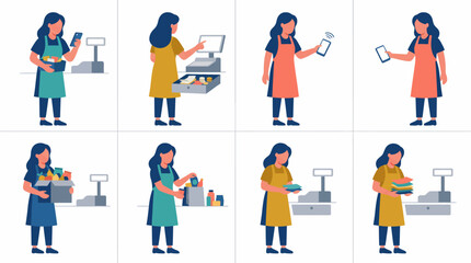 Fototapeta premium Illustrations of a female cashier performing various tasks at a supermarket checkout, including scanning items, operating the register, and using a mobile device for payment or inventory.