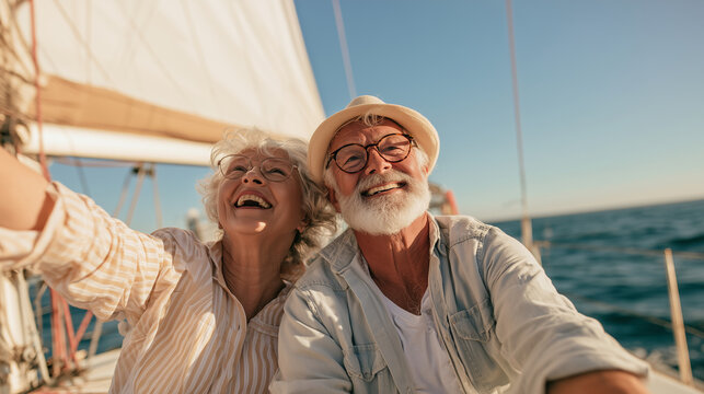 oyful retired couple on a yacht. Senior man and woman laughing, enjoying life. Tropical vacation, boat trip, freedom in Bali. Candid love and genuine smiles. Luxury cruise adventur
