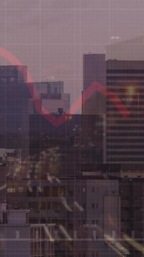 Animation of financial graph and data processing over cityscape