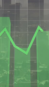 Animation of financial graph and data processing over cityscape