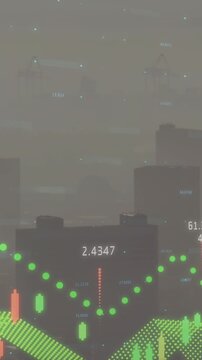 Animation of financial data processing over cityscape