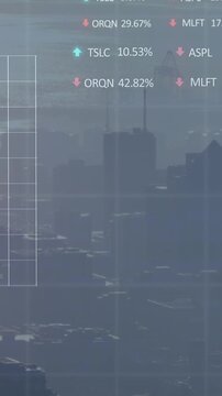 Animation of financial graph and data processing over cityscape