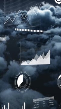 Animation of charts and data processing over grey cloudy sky