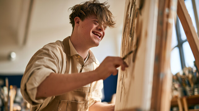 Inclusive art class portrait of smiling young man with Down syndrome painting at easel, creative disability representation, acceptance, confidence, kindness, support, art therapy