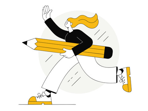 Flat vector illustration of a determined woman running with a giant pencil yellow pencil woman character flat design speed and motion creative action education concept