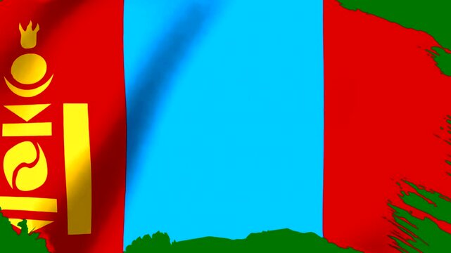 Waving flag of Mongolia featuring the traditional Soyombo symbol on a bright blue and red background