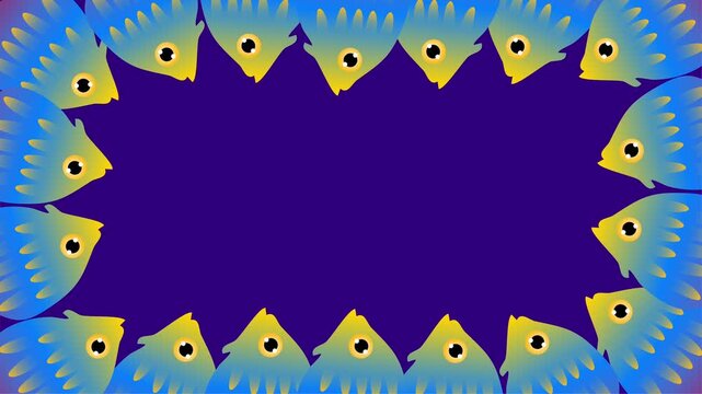 yellow fish forming oval frame border on dark purple