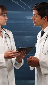 Animation of light spots over caucasian doctors talking