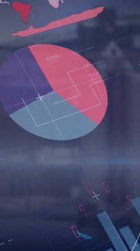 Animation of statistical data processing against aerial view of cityscape