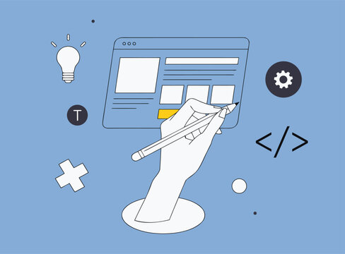 Vector illustration of a hand editing a webpage layout using digital pen with interface symbols website design programming icons graphic artwork digital tool creative proce