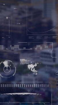 Animation of interface with data processing against aerial view of cityscape