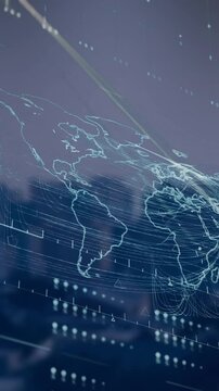 Animation of data processing with world map over cityscape
