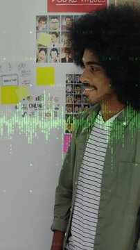 Animation of statistics and data processing over business people wearing phone headsets
